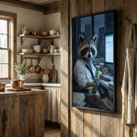 Raccoon Office Worker Holding Beer at Desk Late Night Canvas Wall Art
