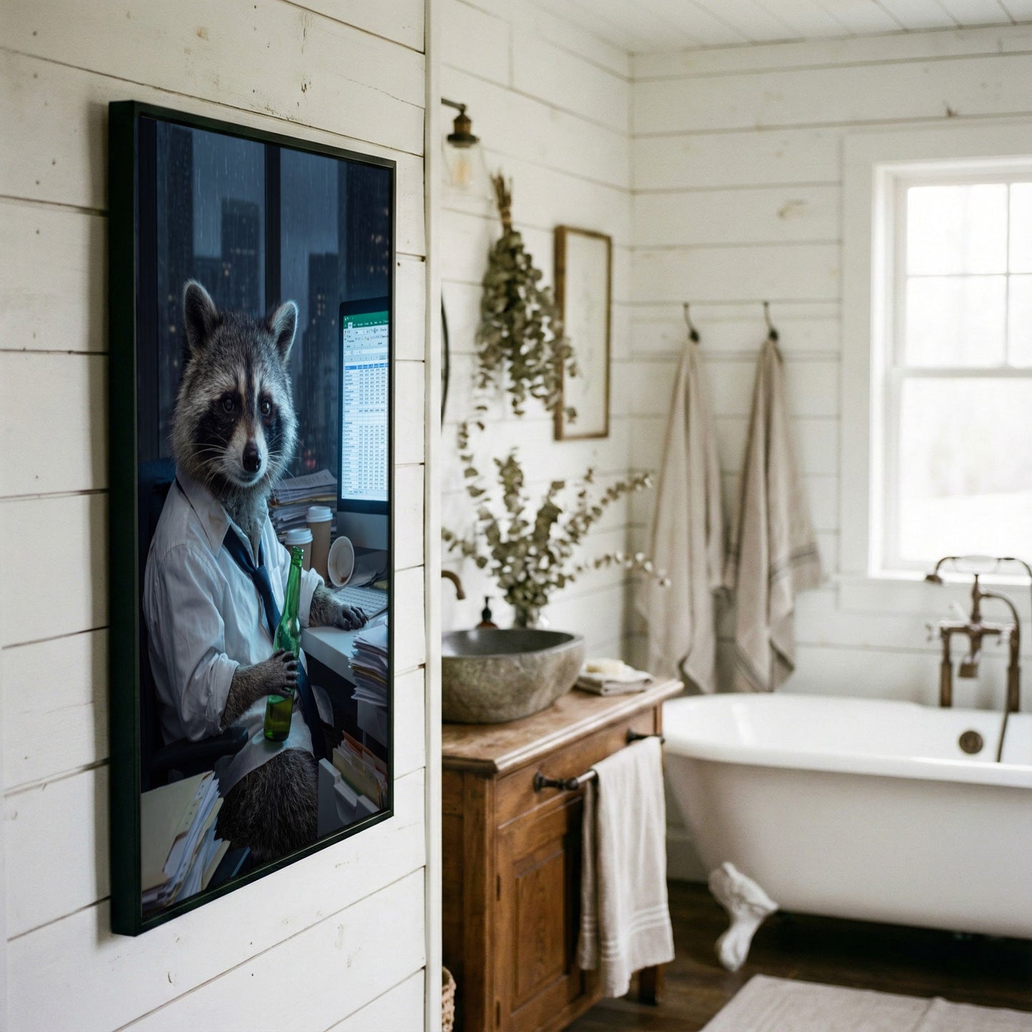 Raccoon Office Worker Holding Beer at Desk Late Night Canvas Wall Art