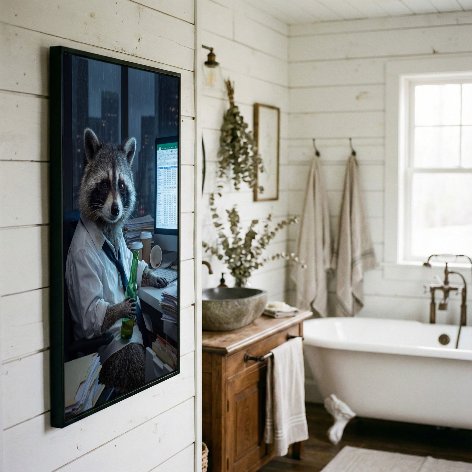 Raccoon Office Worker Holding Beer at Desk Late Night Canvas Wall Art