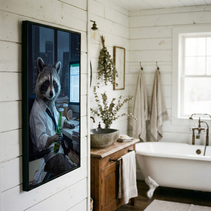 Raccoon Office Worker Holding Beer at Desk Late Night Canvas Wall Art