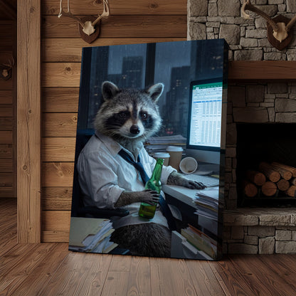 Raccoon Office Worker Holding Beer at Desk Late Night Canvas Wall Art