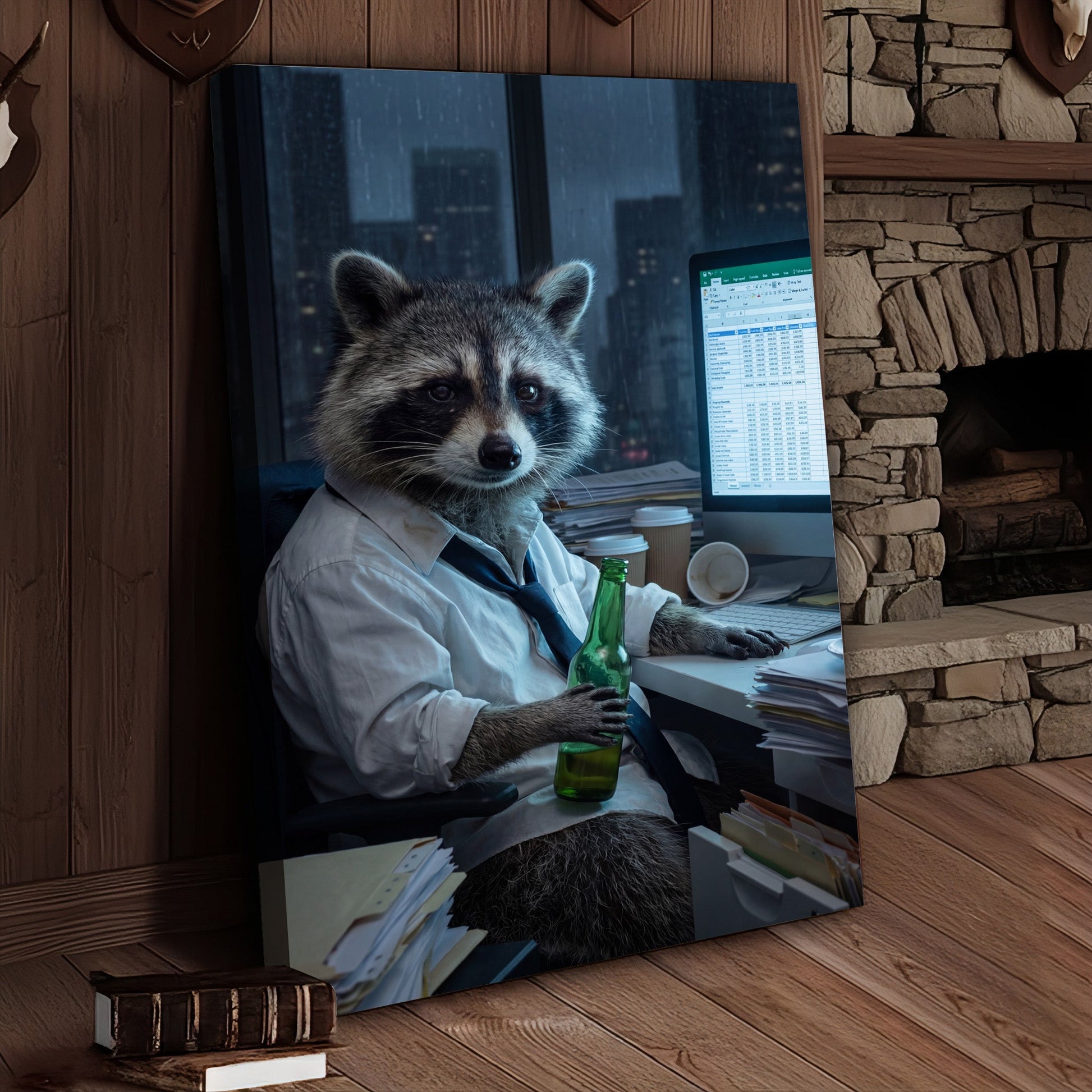 Raccoon Office Worker Holding Beer at Desk Late Night Canvas Wall Art