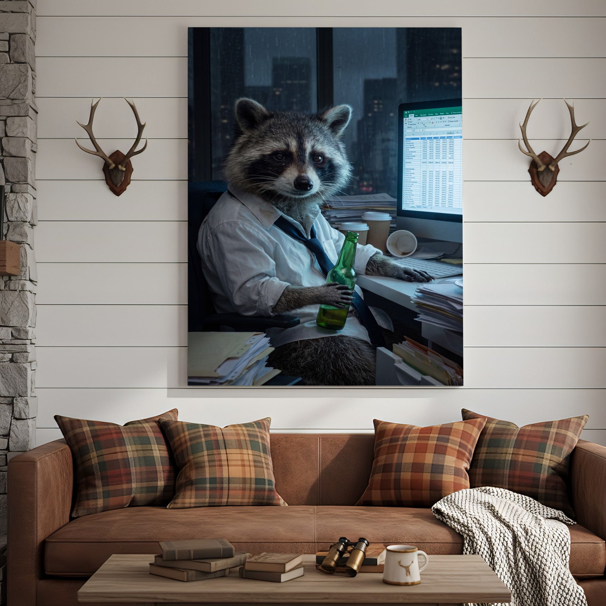 Raccoon Office Worker Holding Beer at Desk Late Night Canvas Wall Art