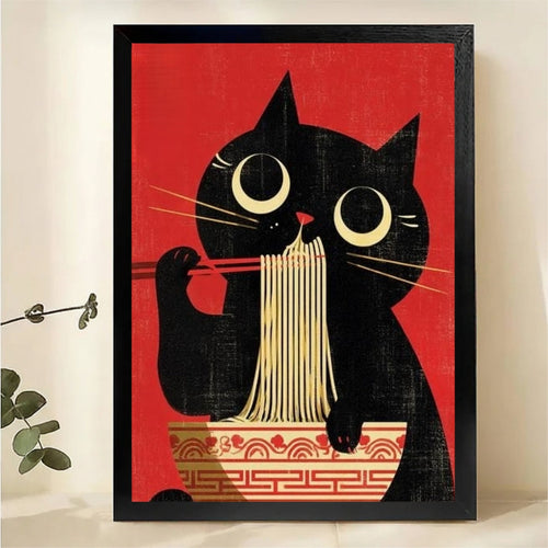 Black Cat Eating Ramen Wall Art - Retro Japanese Poster Canvas Print
