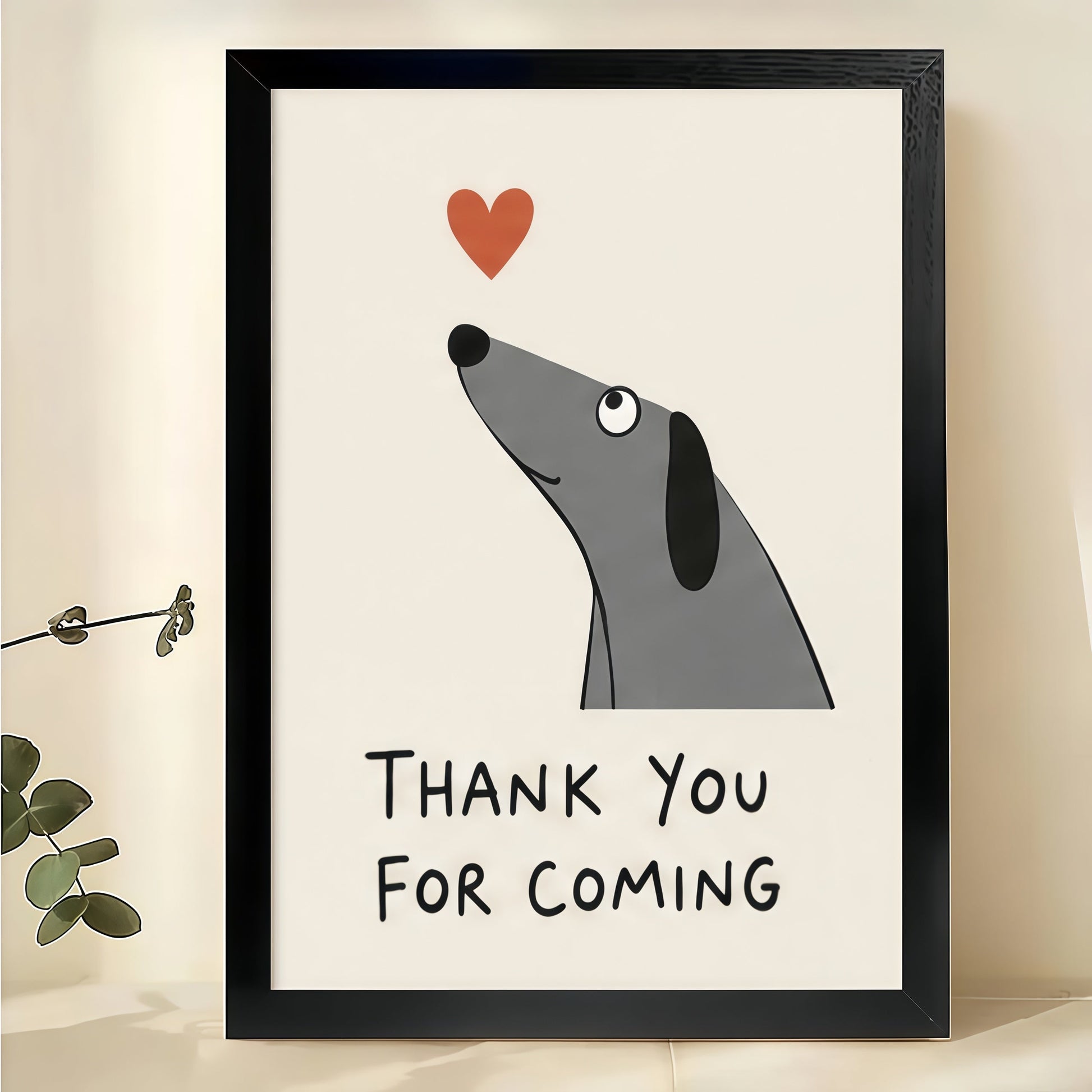 Sausage Dog "Thank You For Coming" Wall Art – Cute Guest Bathroom Canvas Print on Black Wood Frame