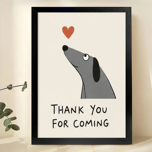 Sausage Dog "Thank You For Coming" Wall Art – Cute Guest Bathroom Canvas Print on Black Wood Frame