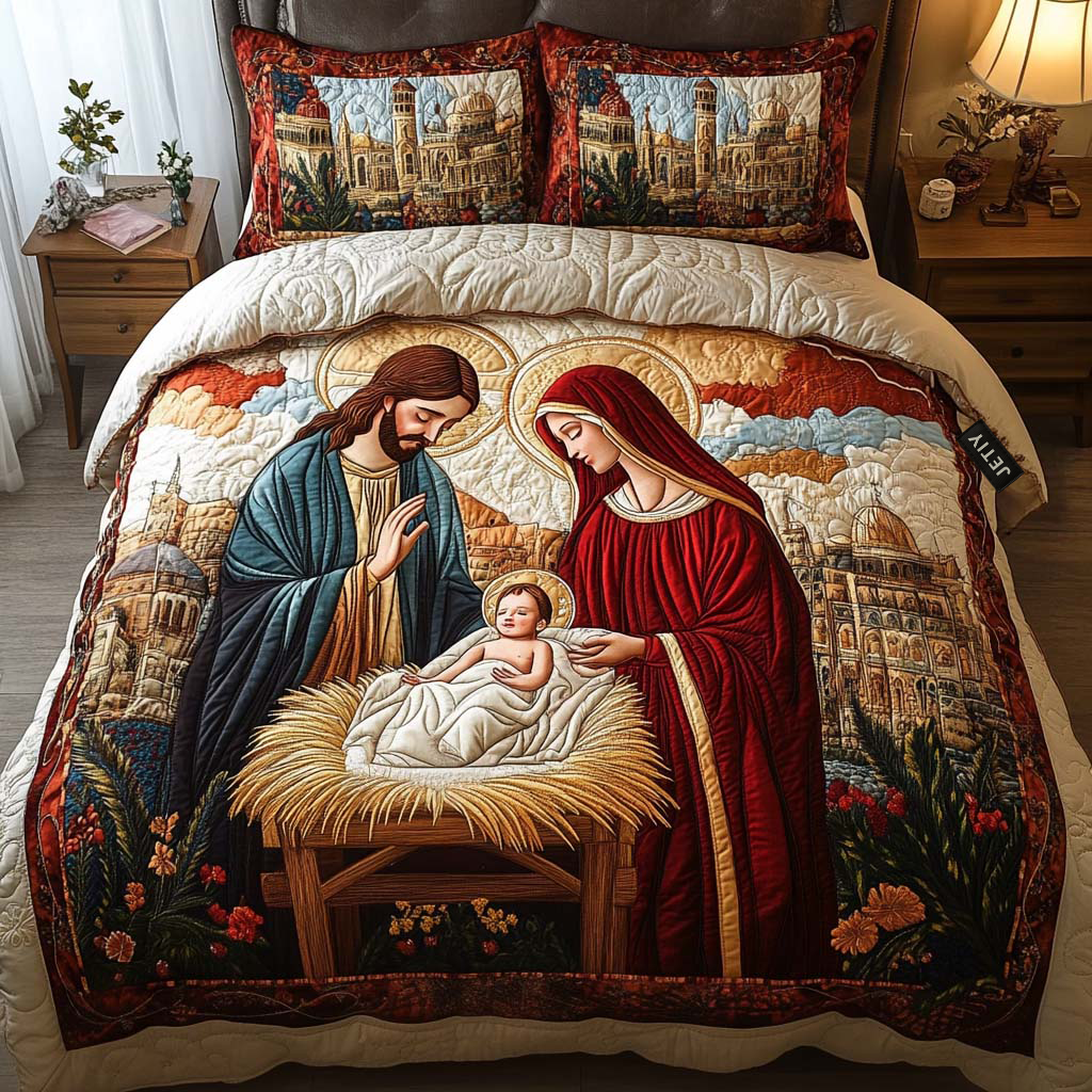 Single (59'' x 70'') /Serenity In The Manger 3-Piece Quilted Bedding Set
