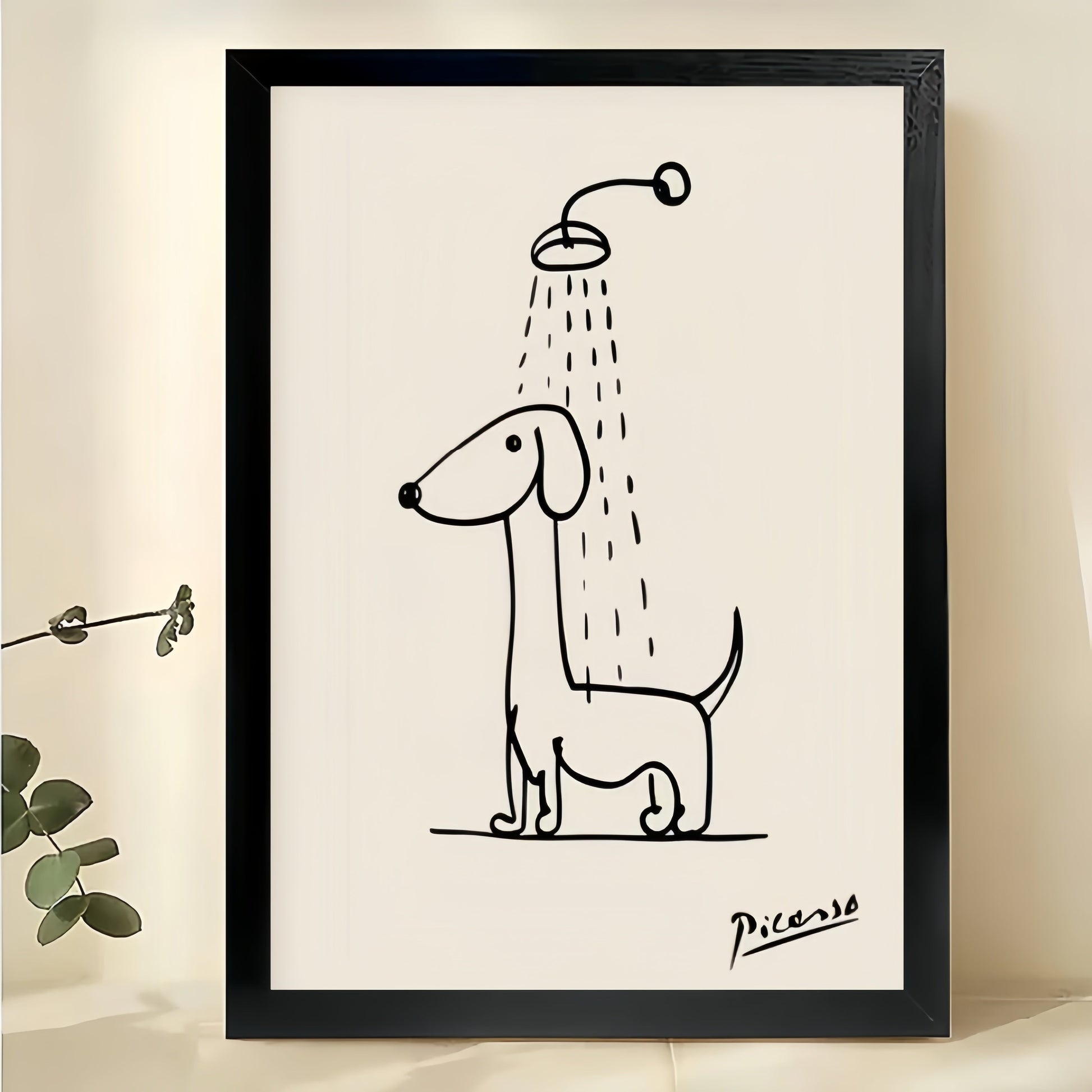 Minimalist Line Art Dachshund Shower – Whimsical Pet Wall Art on Natural Wood Canvas