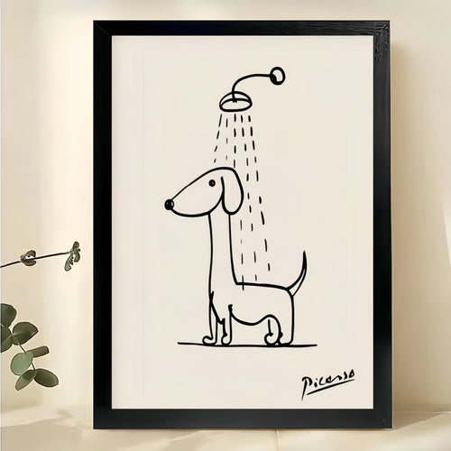 Minimalist Line Art Dachshund Shower – Whimsical Pet Wall Art on Natural Wood Canvas