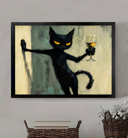 The Celebratory Black Cat – Joyful Cat Wall Art on Natural Wood Grain Canvas