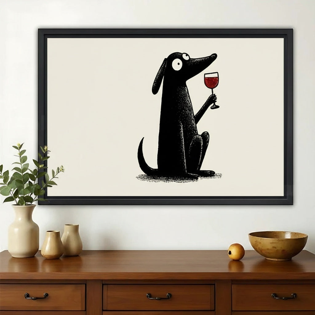 Black Dog with Wine Glass – Minimalist Luxe Wall Art on Natural Wood Canvas