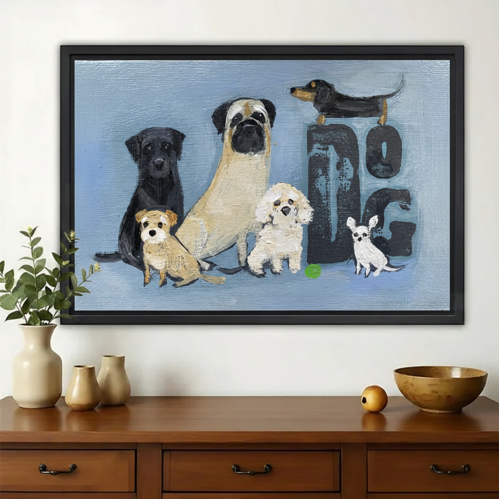 Multi-Breed Dogs Group Wall Art – Heartwarming Dog Family Canvas Print on Natural Wood Frame