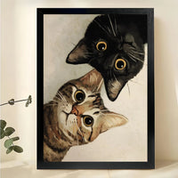 Peeking Tabby & Black Cat – Whimsical Pet Wall Art on Natural Wood Canvas