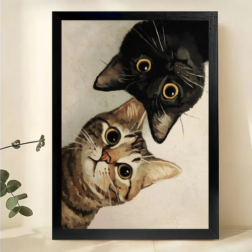 Peeking Tabby & Black Cat – Whimsical Pet Wall Art on Natural Wood Canvas