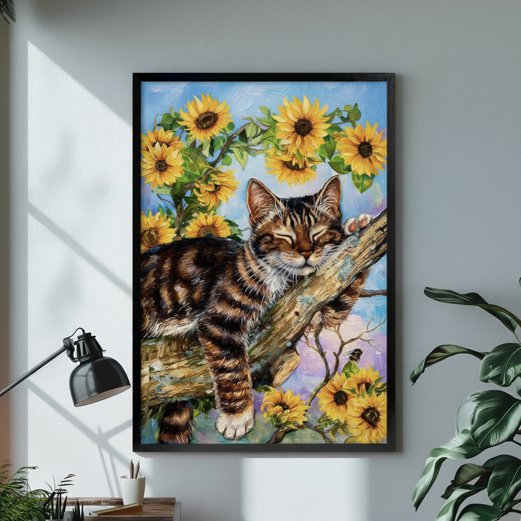 Cat Sunflower Canvas Wall Art – Framed