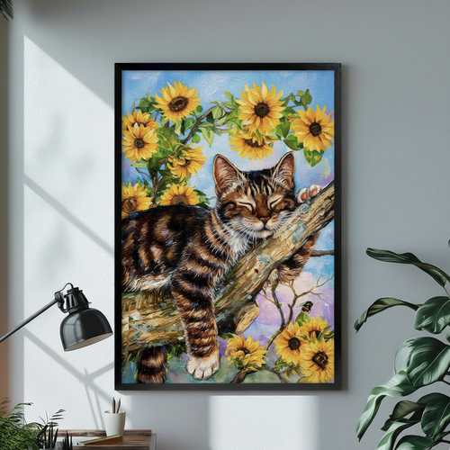 Cat Sunflower Canvas Wall Art – Framed