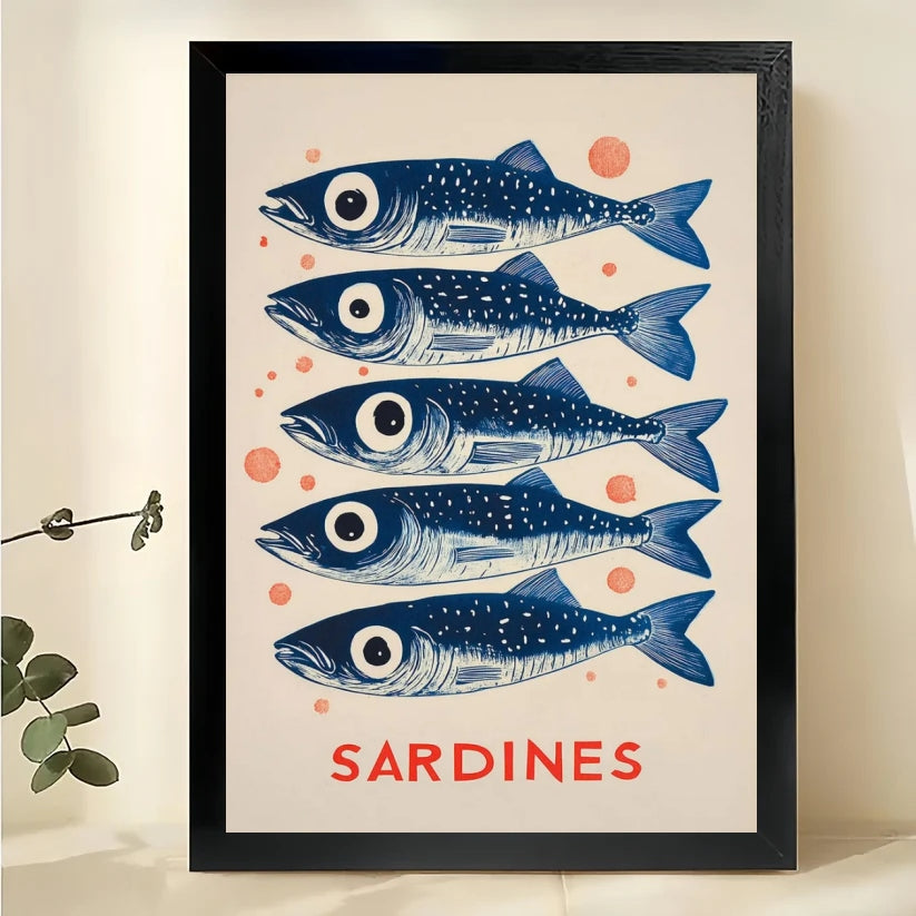 SARDINES Stacked Fish – Retro Minimalist Wall Art on Natural Wood Canvas