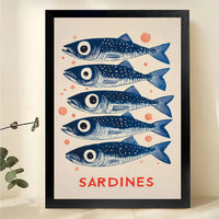 SARDINES Stacked Fish – Retro Minimalist Wall Art on Natural Wood Canvas
