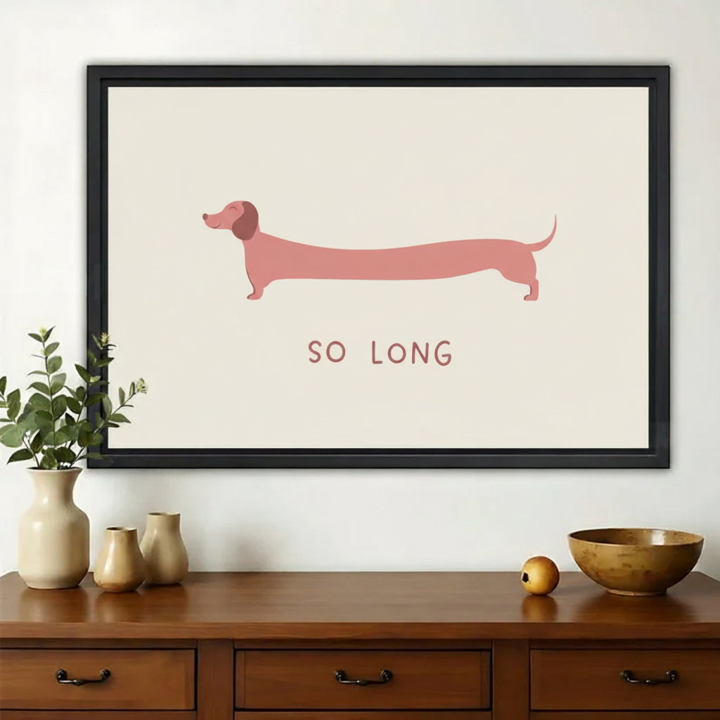 Pink Dachshund "So Long" Wall Art – Minimalist Sausage Dog Canvas Print on Natural Wood Frame