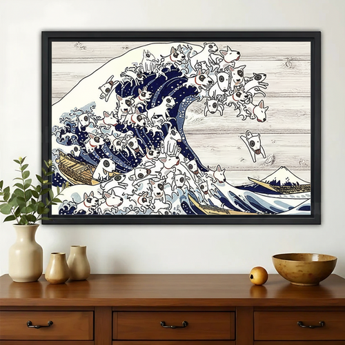 The Great Wave Dog – Ukiyo-e Inspired Artistic Wall Art on Natural Wood Canvas
