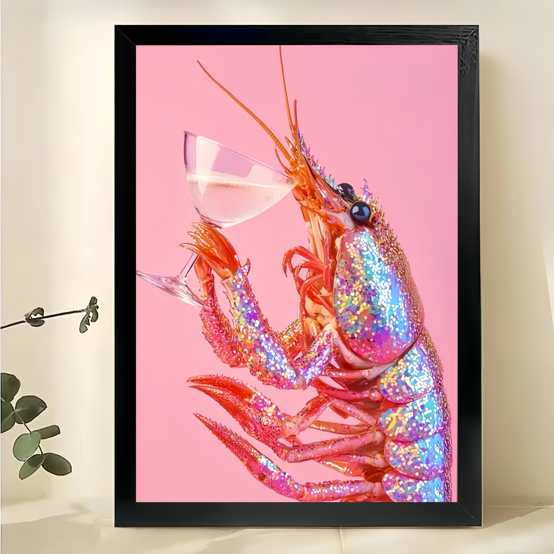 The Pink-Background Lobster Toast – Quirky Retro Wall Art on Natural Wood Canvas