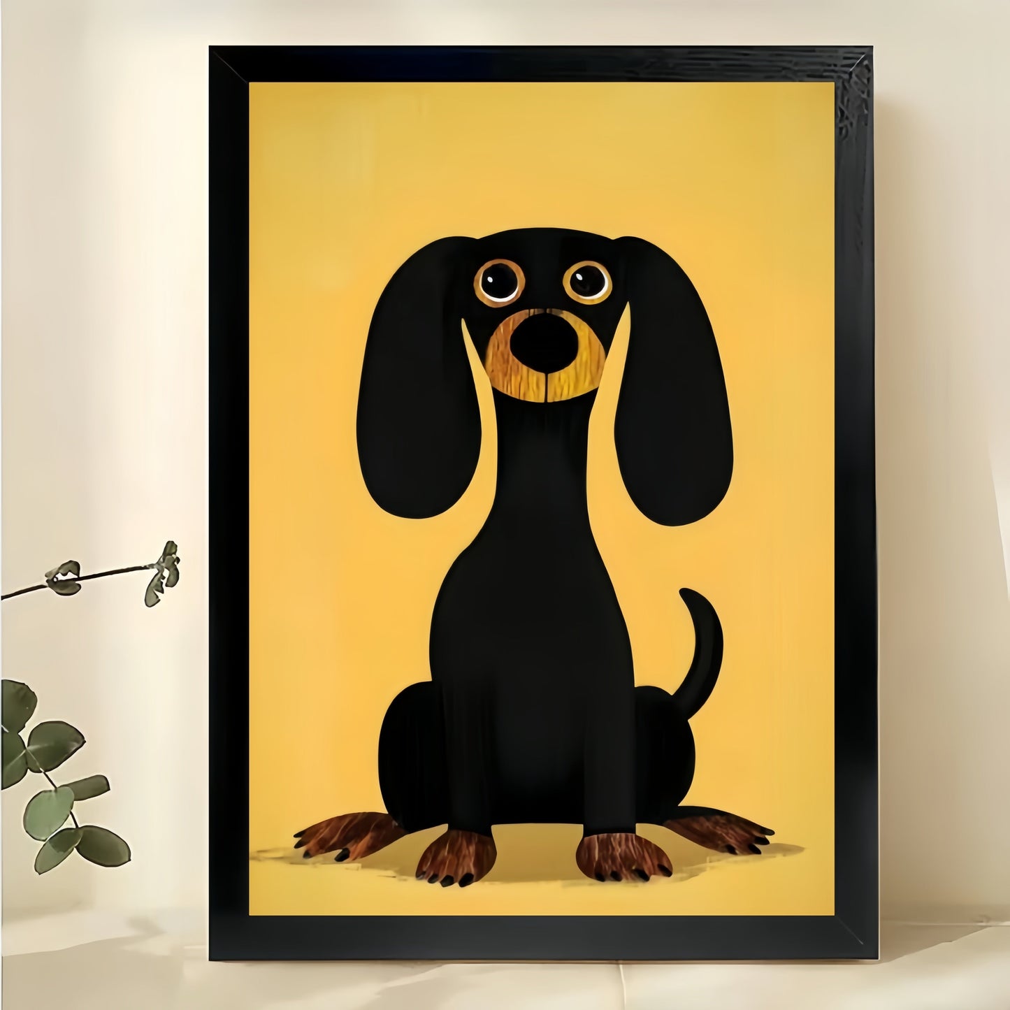 The Yellow-Background Cartoon Dachshund – Bold Playful Wall Art on Natural Wood Canvas