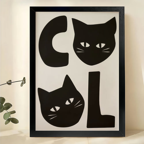 COOL Two Black Cats – Minimalist Mid-Century Wall Art on Natural Wood Canvas