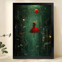 Girl with Red Balloon Underwater Wall Art – Surreal Green Cityscape Canvas Print on Natural Wood Frame