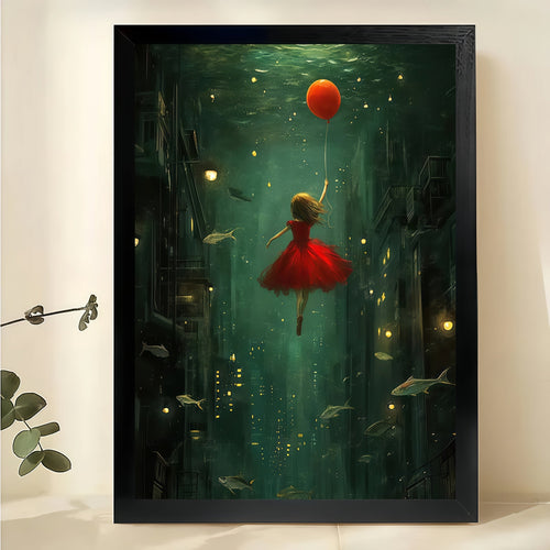 Girl with Red Balloon Underwater Wall Art – Surreal Green Cityscape Canvas Print on Natural Wood Frame
