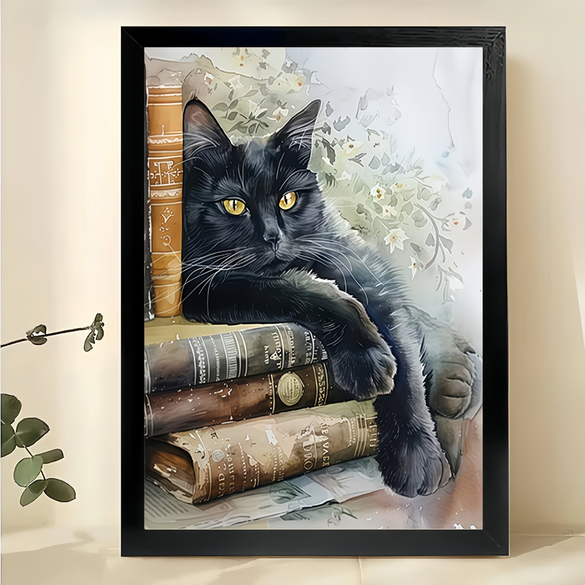Book Lover Black Cat – Cozy Literary Watercolor Wall Art on Natural Wood Canvas