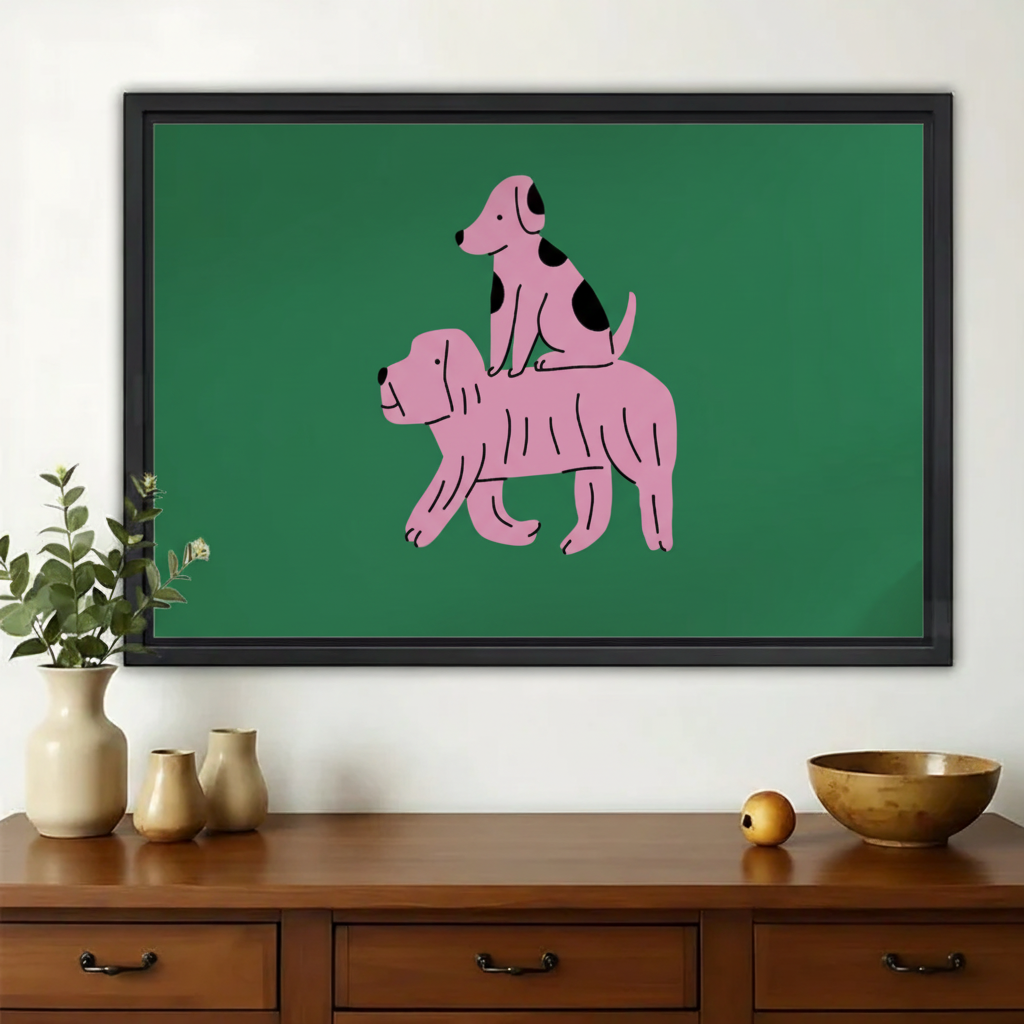 Pink Stacked Dogs – Whimsical Minimalist Dog Wall Art on Natural Wood Canvas