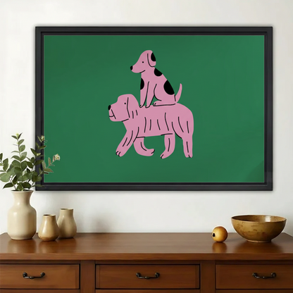 Pink Stacked Dogs – Whimsical Minimalist Dog Wall Art on Natural Wood Canvas