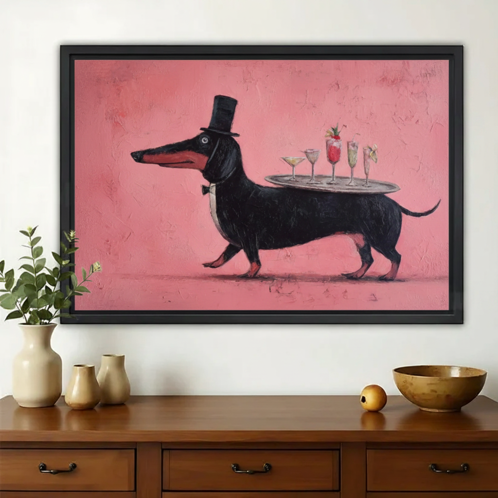 Tuxedo Dachshund with Cocktails Wall Art – Whimsical Party Dog Canvas Print on Natural Wood Frame