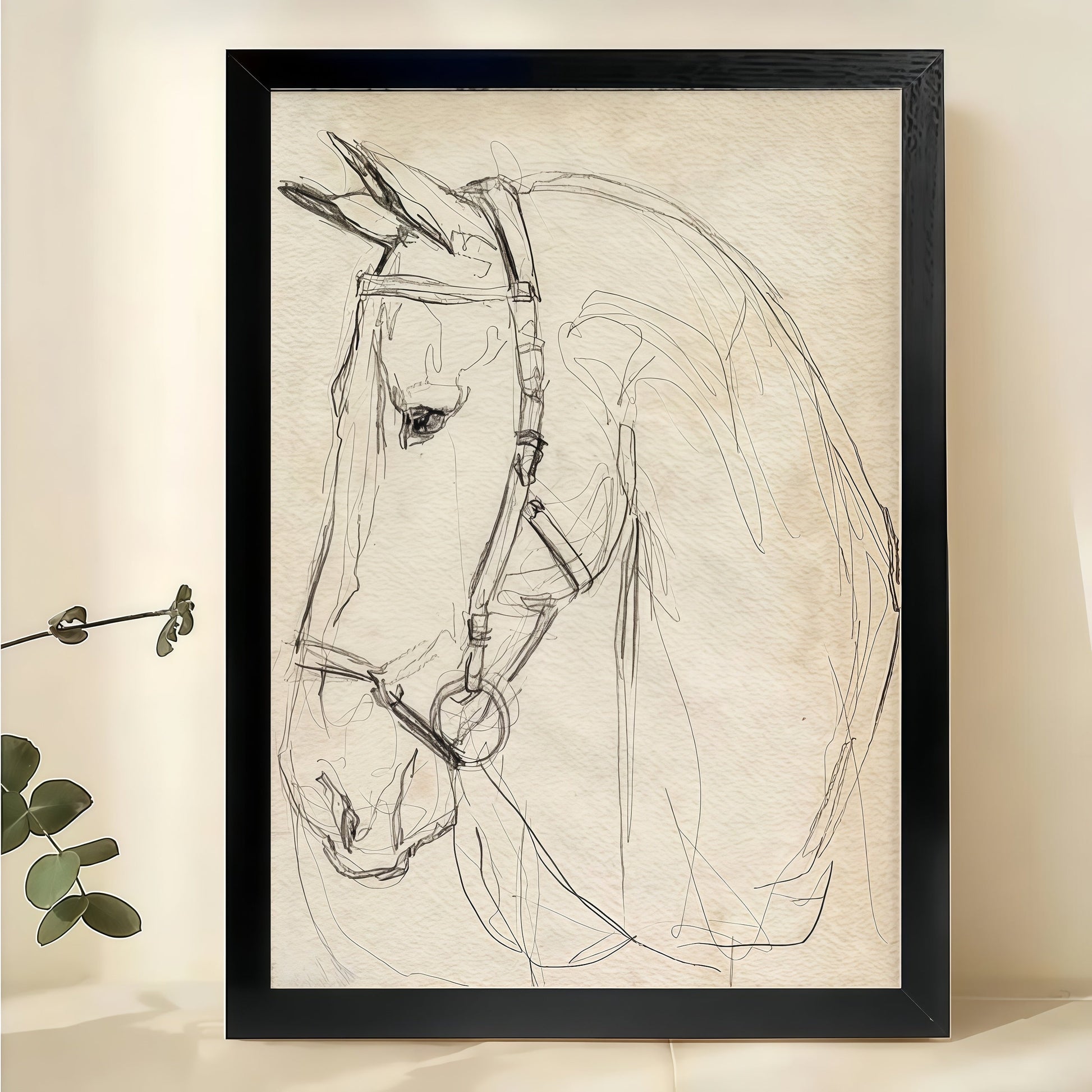 Minimalist Horse Head Sketch – Modern Equine Wall Art on Natural Wood Canvas