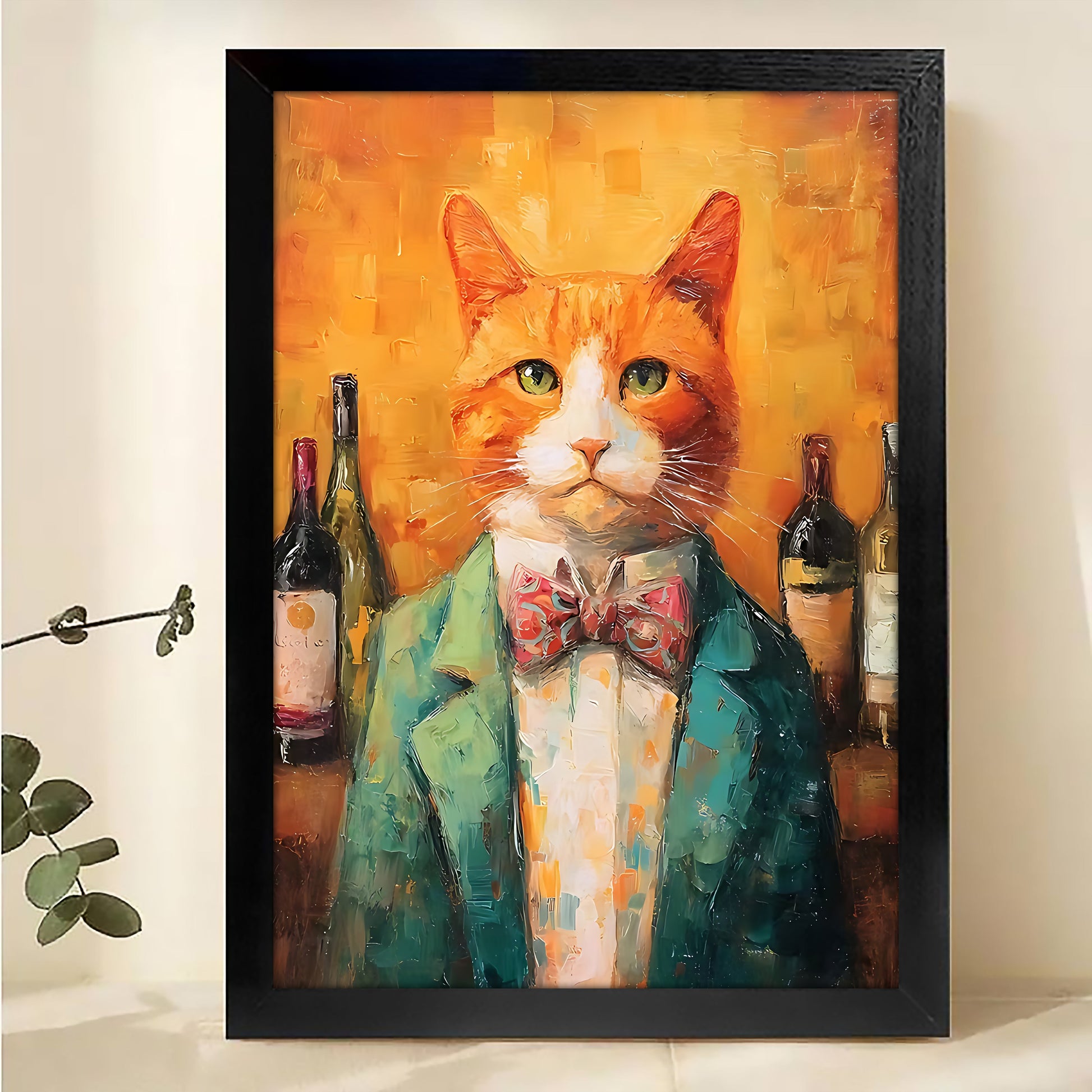 Cat Bartender Oil Painting – Vintage Orange Tabby Wall Art for Wine Bar Kitchen Decor