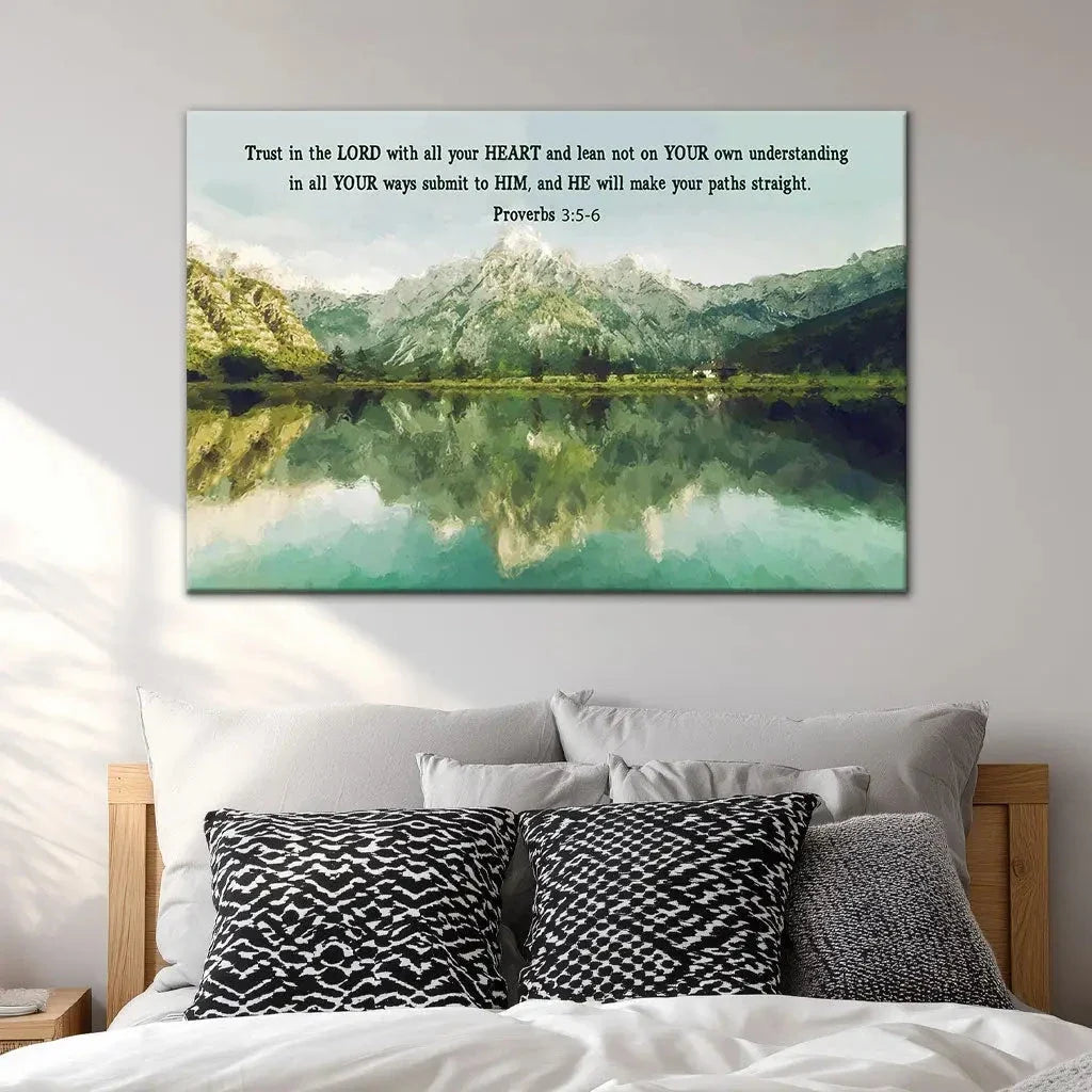 proverbs 3 5 6 trust in the lord with all your heart mountain lake christian wall art canvas (Landscape)