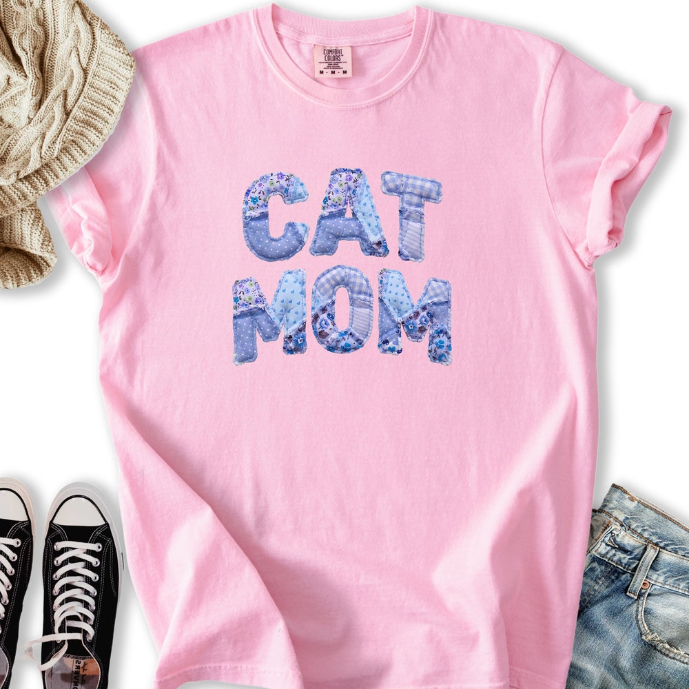 Blue Faux Patchwork Cat Relaxed Tee
