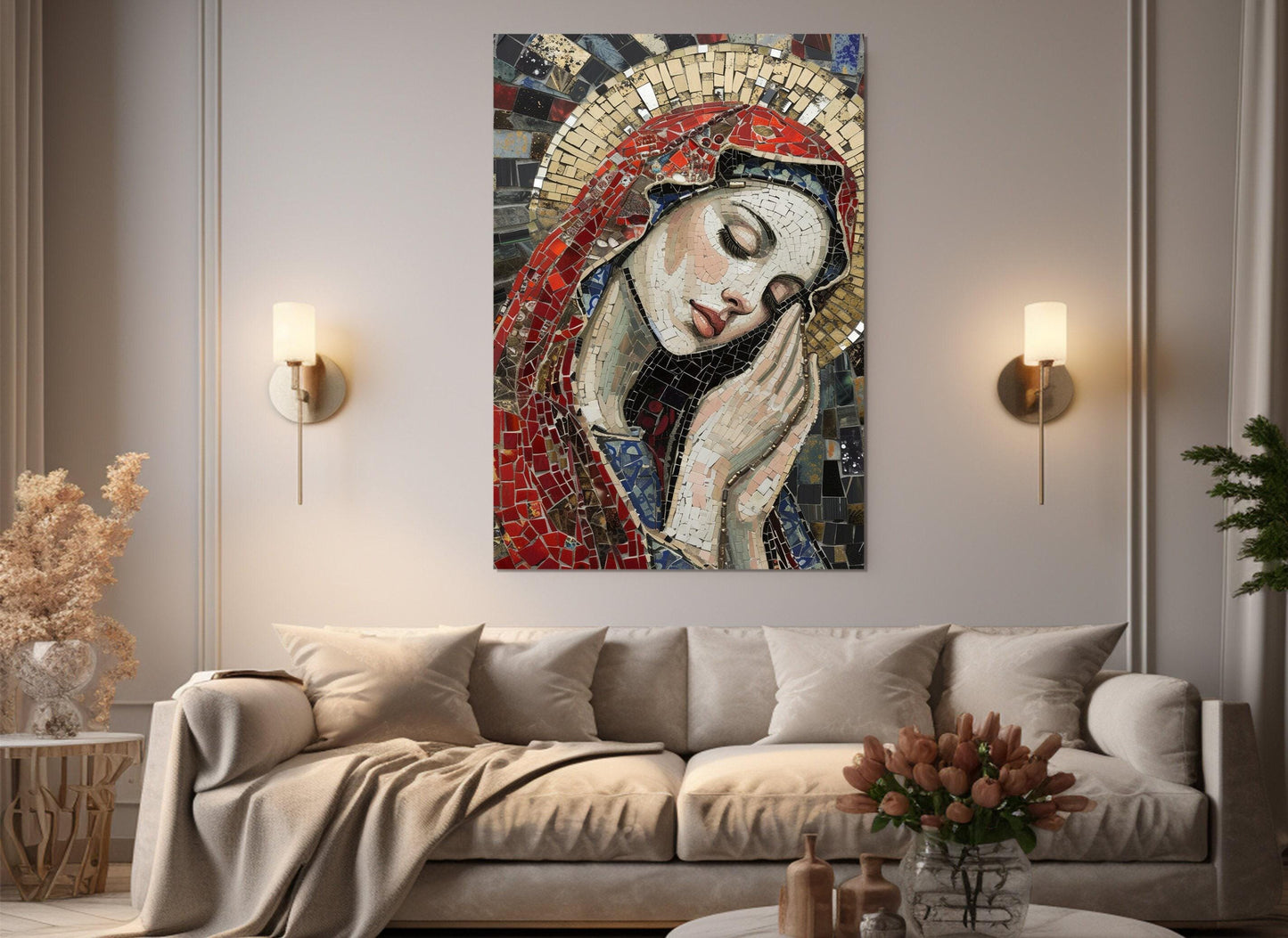 Virgin Mary Canvas Print – Framed Mosaic Wall Art | Ready to Hang Religious Decor