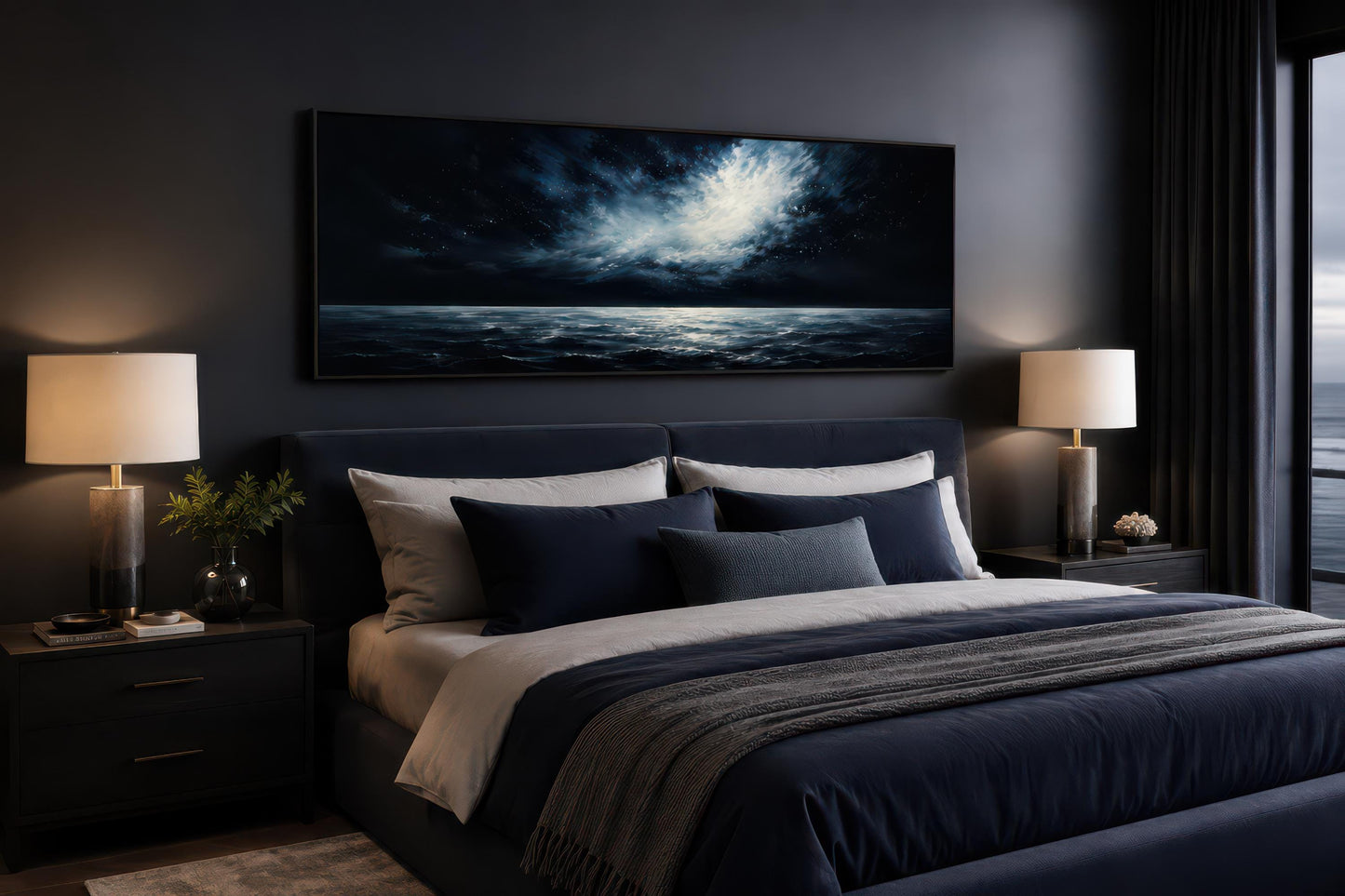 Dark Navy Moonlit Ocean Night Sky Seascape Painting, Moody Masculine Bedroom Decor Canvas Wall Art
