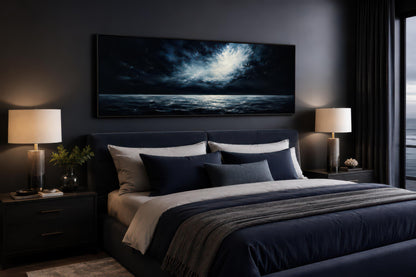 Dark Navy Moonlit Ocean Night Sky Seascape Painting, Moody Masculine Bedroom Decor Canvas Wall Art