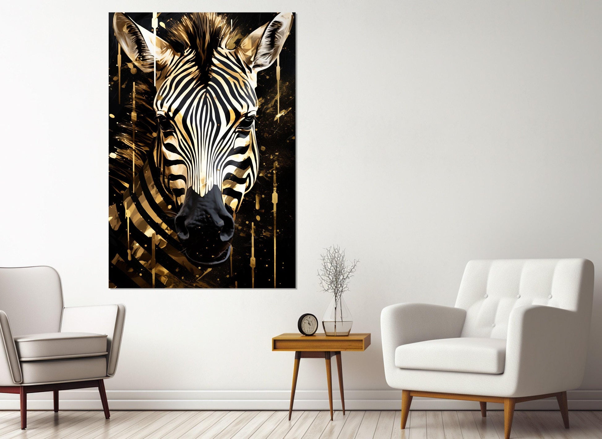 Zebra Canvas Print – Abstract Black Gold Art | Framed Vertical Portrait