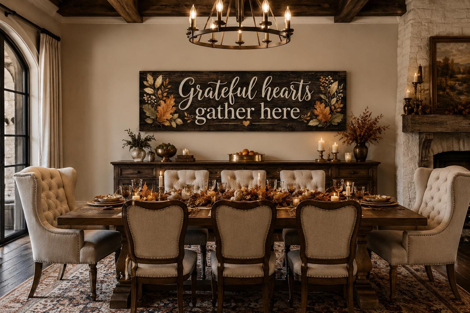 Grateful Hearts Gather Here Thanksgiving Fall Farmhouse Sign For Dining Room Canvas Wall Art