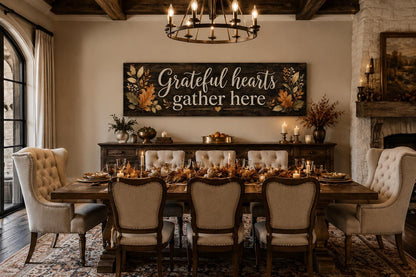Grateful Hearts Gather Here Thanksgiving Fall Farmhouse Sign For Dining Room Canvas Wall Art