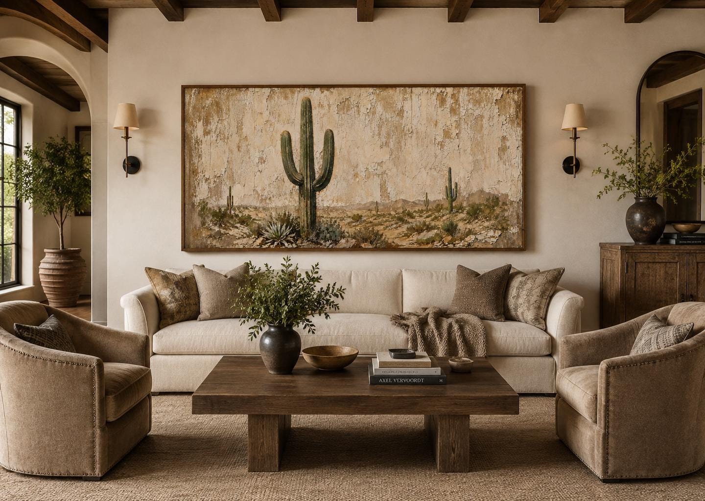 Minimalist Desert With Saguaro Cactus Painted on Neutral Weathered Wood Background Canvas Wall Art