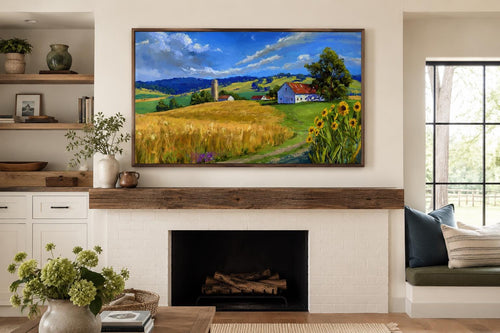 Farmhouse Landscape Wall Art - Impressionist Wheat Field with Sunflowers Canvas Print