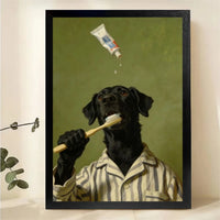 Black Lab Brushing Teeth Canvas - Funny Dog Bathroom Art