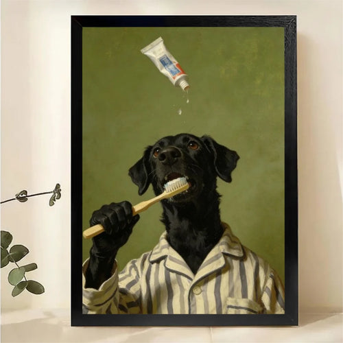 Black Lab Brushing Teeth Canvas - Funny Dog Bathroom Art