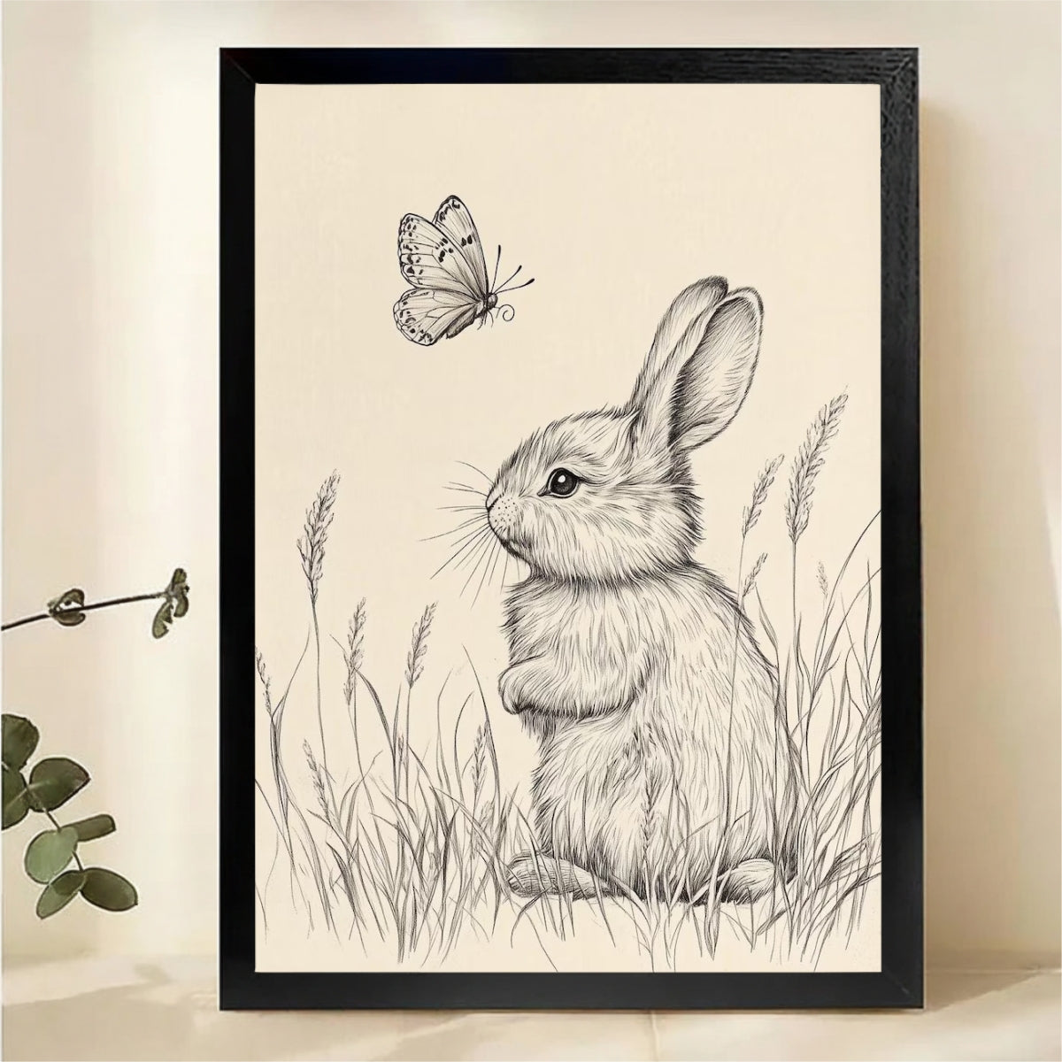 Bunny Watching Butterfly in Meadow Wall Art - Pencil Sketch Canvas Print