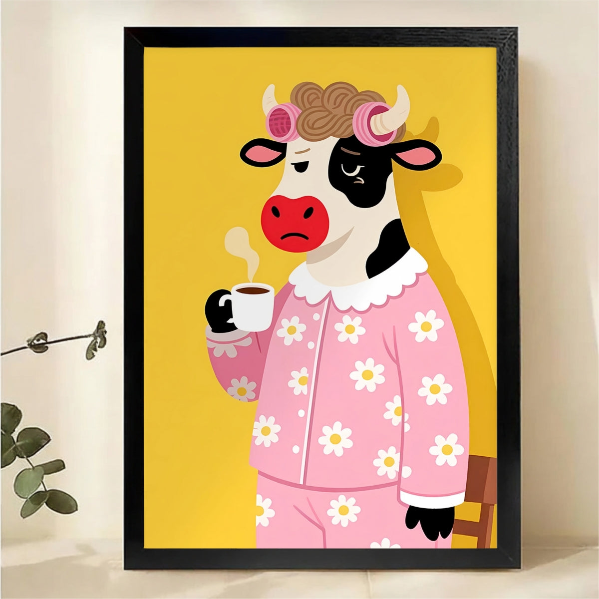 Grumpy Cow in Daisy Pajamas with Coffee Wall Art - Funny Canvas Print