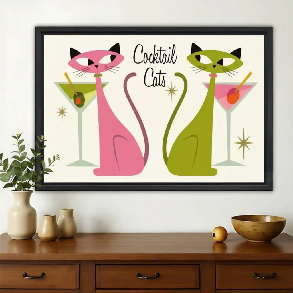 Cocktail Cats Wall Art – Retro Mid-Century Modern Cat Canvas Print on Natural Wood Frame